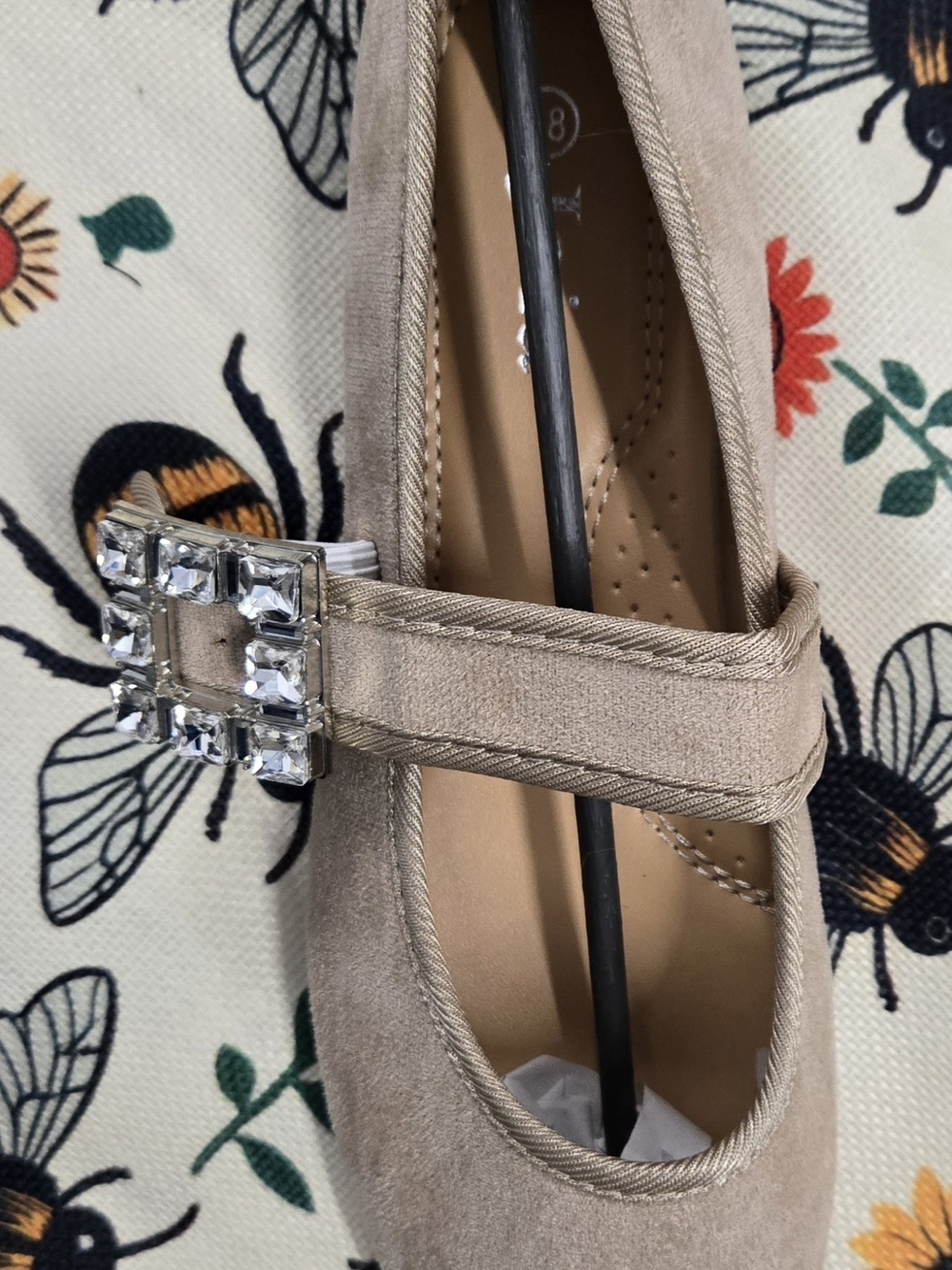Women’s Taupe Suede Mary Jane Flats with Crystal Buckle